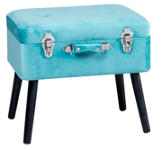 Türkisfarbener Kofferhocker mit schwarzen Beinen, seitliche Perspektive