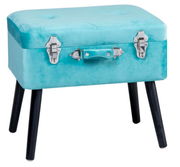 Türkisfarbener Kofferhocker mit schwarzen Beinen, seitliche Perspektive