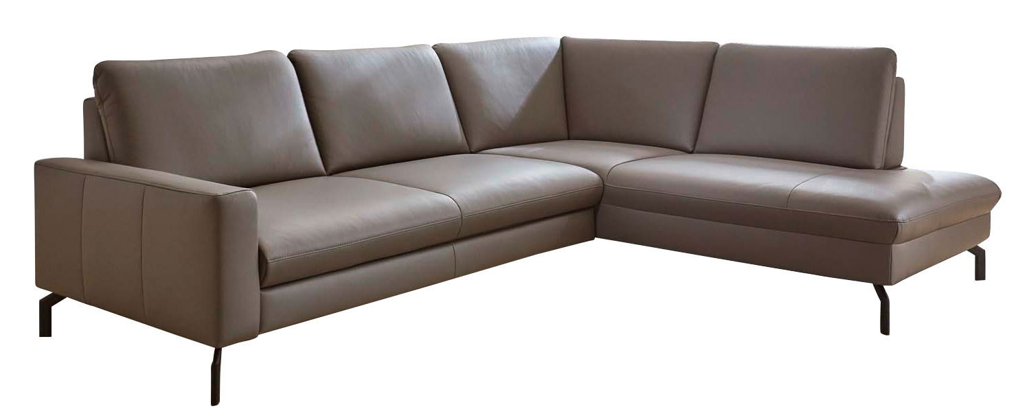 Braune Polsterrundecke in L-Form, seitliche Perspektive