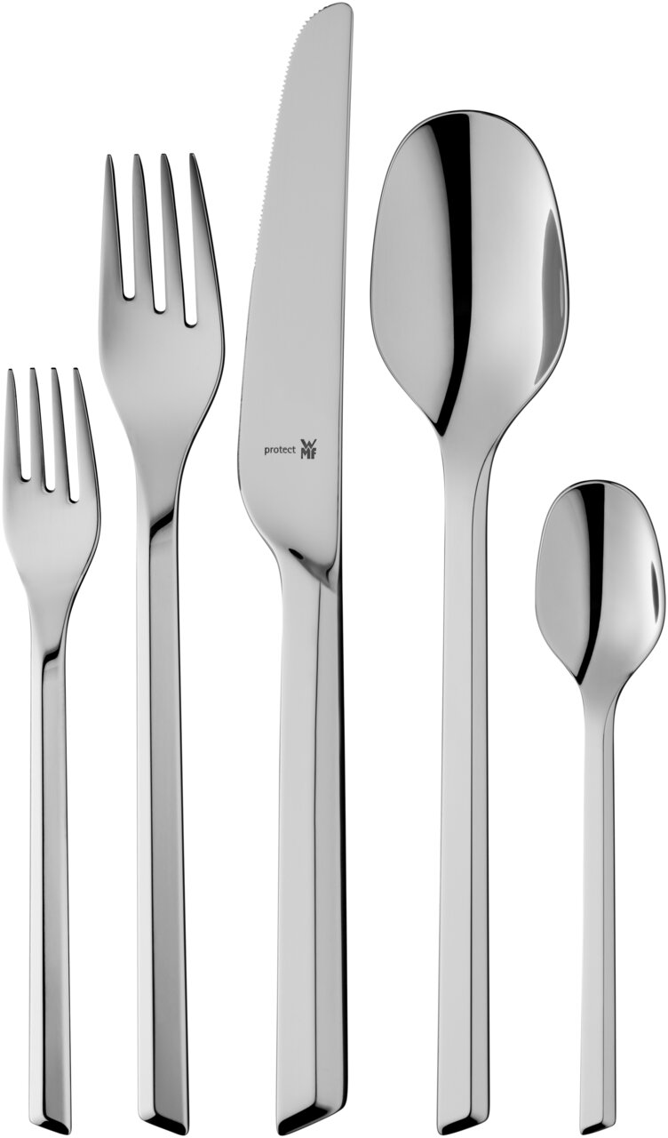 Elegantes Besteckset aus Edelstahl, bestehend aus Gabel, Messer, Esslöffel, Dessertgabel und Teelöffel, in Frontalansicht.