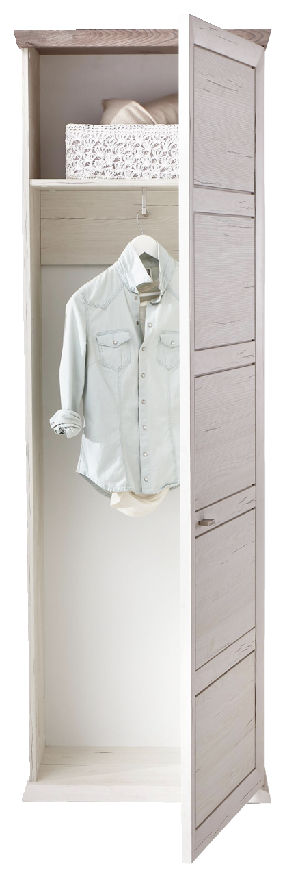 Garderobenschrank aus der Serie Camron/Benton mit geöffneter Tür, zeigt Innenraum mit aufgehängtem Hemd und Ablagefach, Perspektive von vorne.