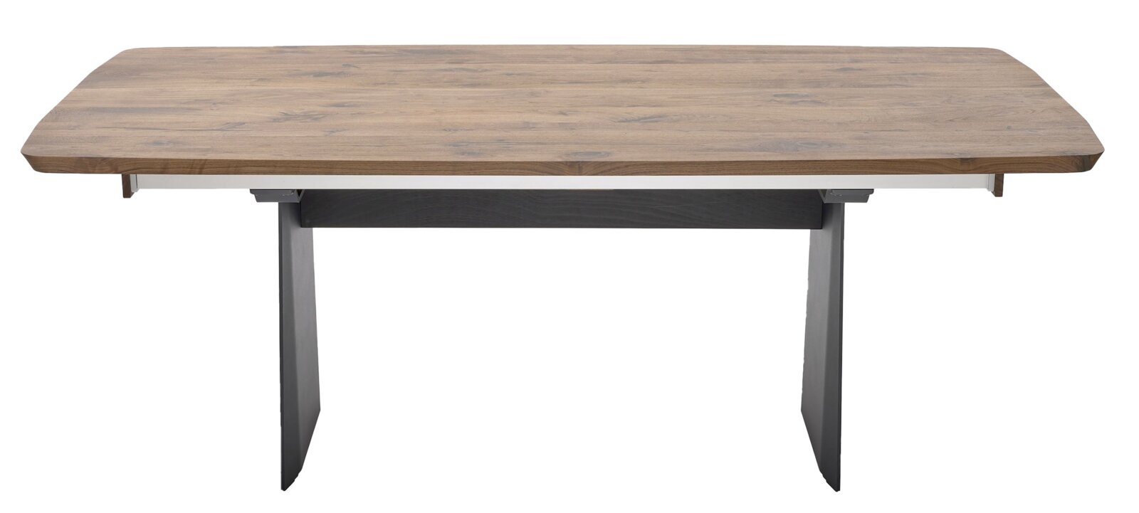 Moderne eettafel met houten blad en metalen poten, vooraanzicht