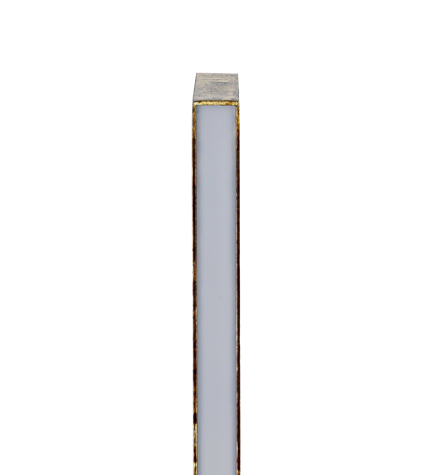 Seitenansicht einer schmalen, rechteckigen LED-Stehleuchte mit goldfarbenem Rand und weißer Front.