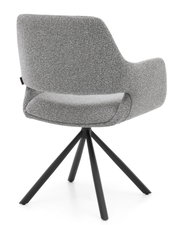 Grijze fauteuil met zwart metalen frame, achteraanzicht