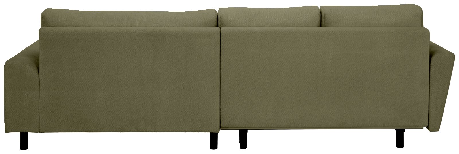 Rückansicht eines modernen 3-Sitzer-Sofas mit olivgrünem Stoffbezug, geraden Armlehnen und schwarzen Füßen vor weißem Hintergrund