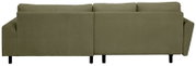 Rückansicht eines modernen 3-Sitzer-Sofas mit olivgrünem Stoffbezug, geraden Armlehnen und schwarzen Füßen vor weißem Hintergrund