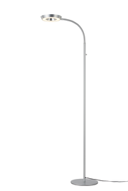 Moderne LED-Steh- und Leseleuchte in silberner Farbe, seitliche Perspektive