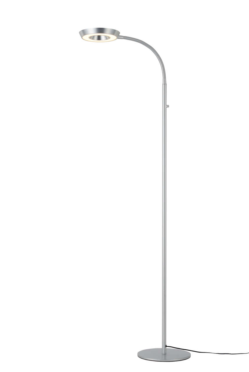 Moderne LED-Steh- und Leseleuchte in silberner Farbe, seitliche Perspektive
