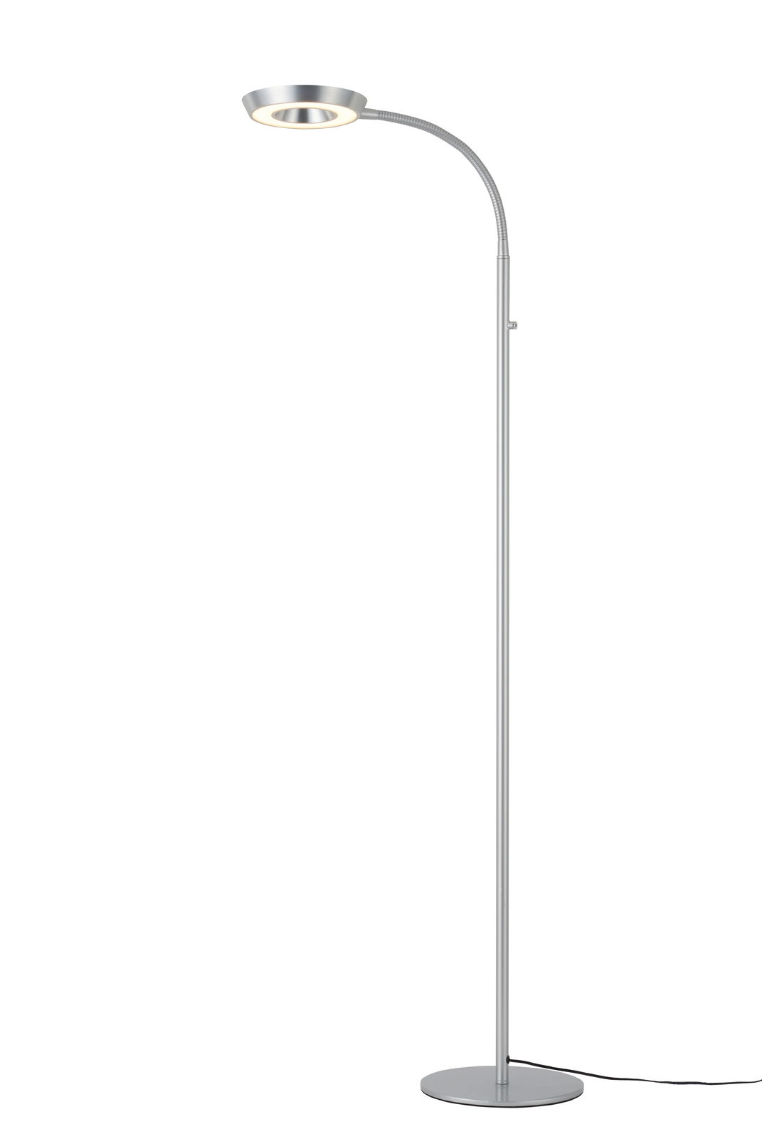 Moderne LED-Steh- und Leseleuchte in silberner Farbe, seitliche Perspektive
