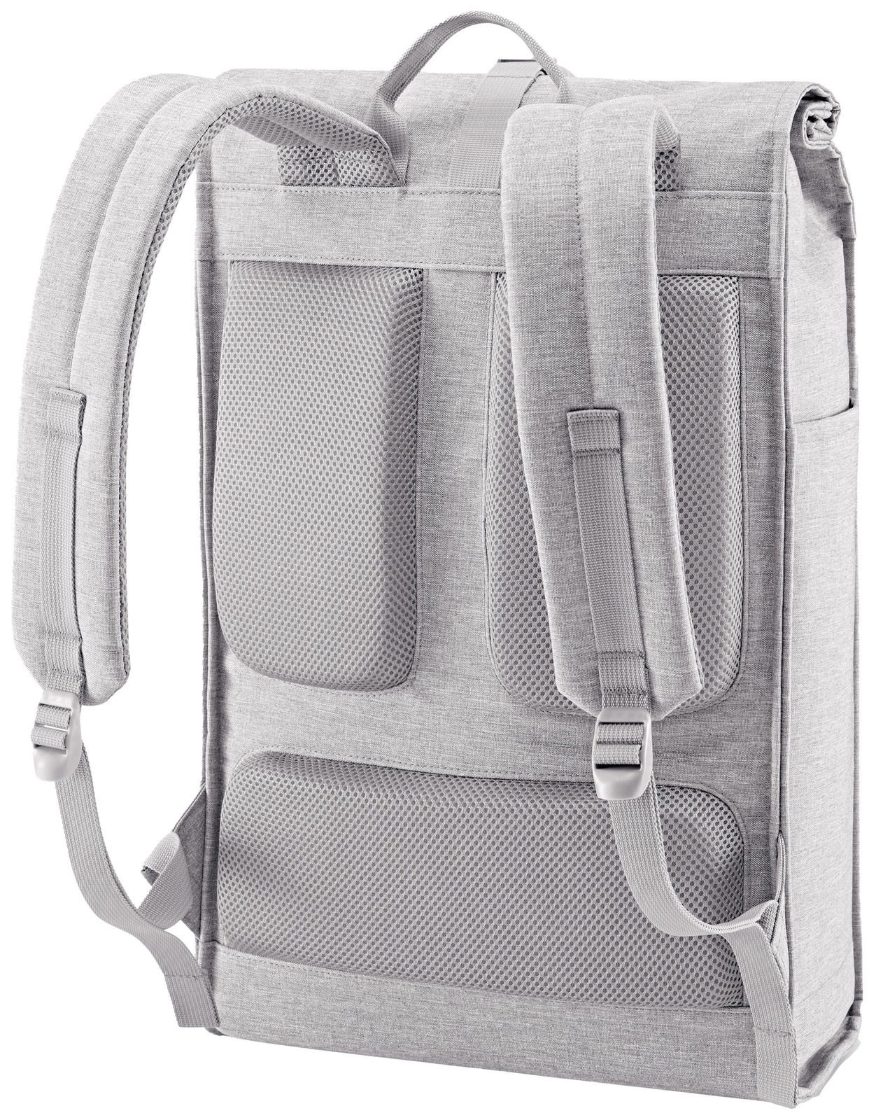 Rückansicht eines grauen urbanen Rolltop-Rucksacks mit gepolsterten Trägern und atmungsaktiven Mesh-Einsätzen.