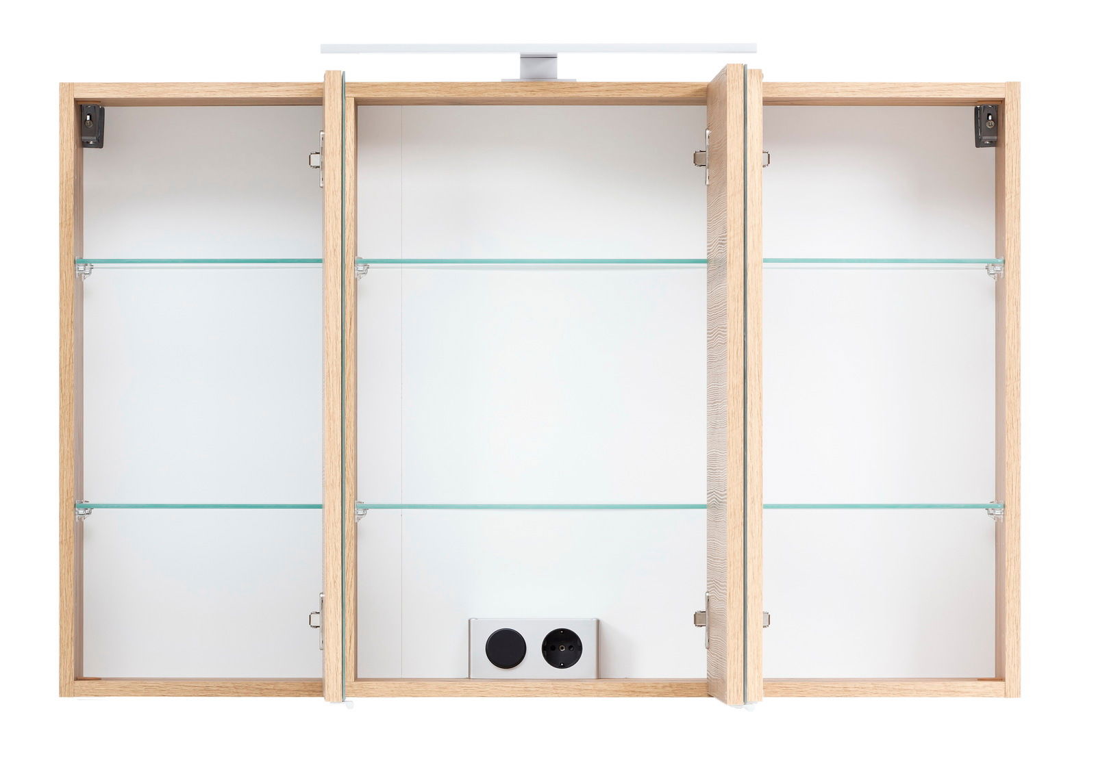 Offener Spiegelschrank mit drei Fächern und Glaseinlegeböden, frontale Ansicht