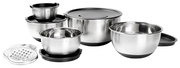 Rührschüssel-Set aus Edelstahl, 8-teilig, mit verschiedenen Größen und Deckeln, seitliche Perspektive.
