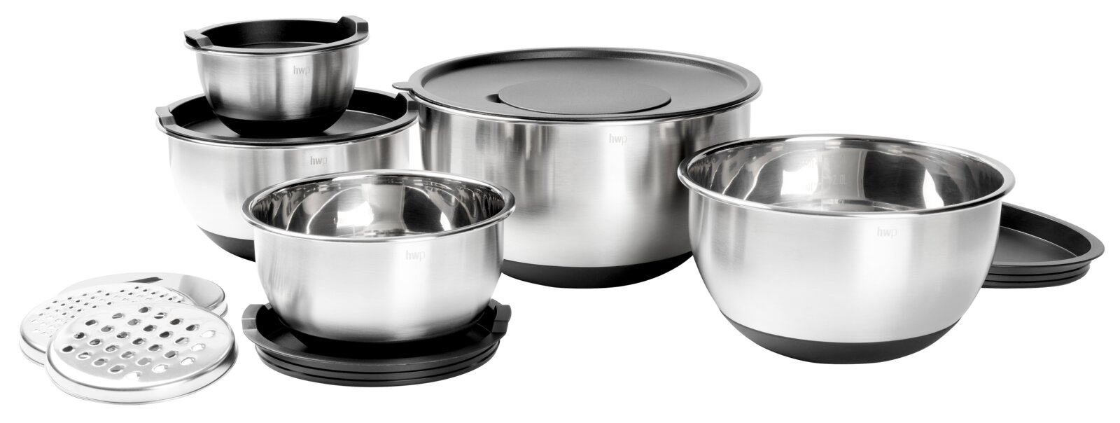 Rührschüssel-Set aus Edelstahl, 8-teilig, mit verschiedenen Größen und Deckeln, seitliche Perspektive.