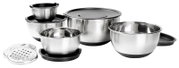 Rührschüssel-Set aus Edelstahl, 8-teilig, mit verschiedenen Größen und Deckeln, seitliche Perspektive.