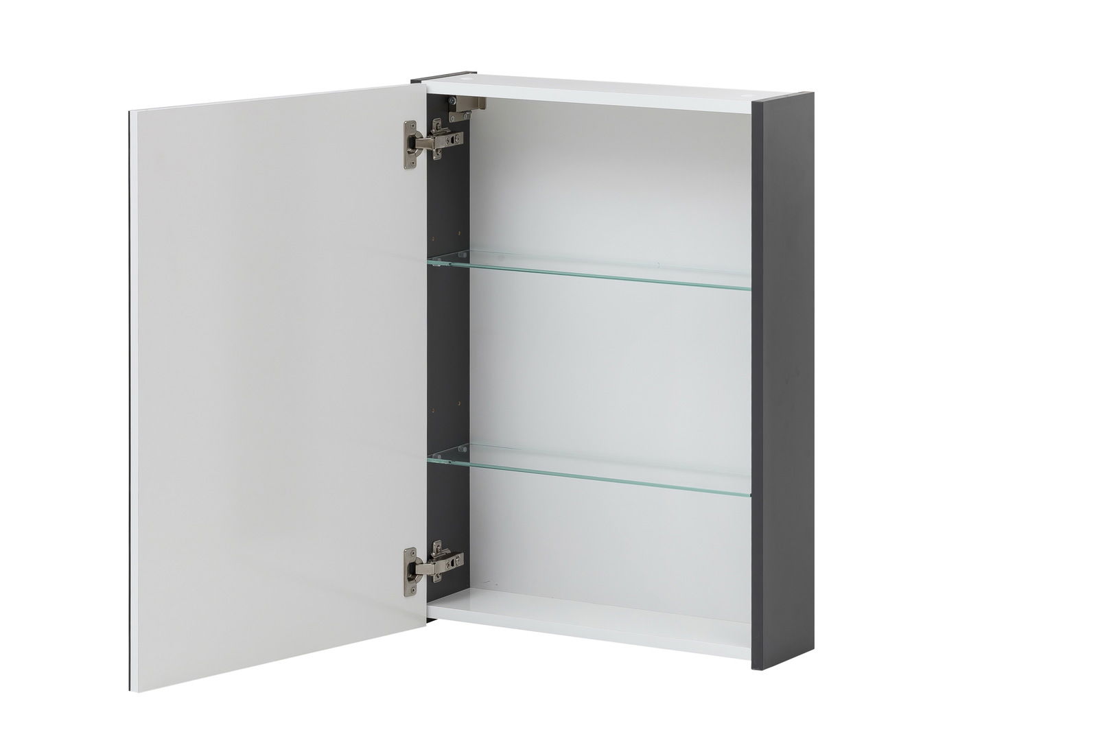 Geöffneter Spiegelschrank mit zwei Glasböden, seitliche Perspektive