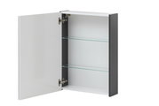 Geöffneter Spiegelschrank mit zwei Glasböden, seitliche Perspektive