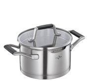 Topf aus Edelstahl mit Glasdeckel und schwarzen Griffen, seitliche Perspektive