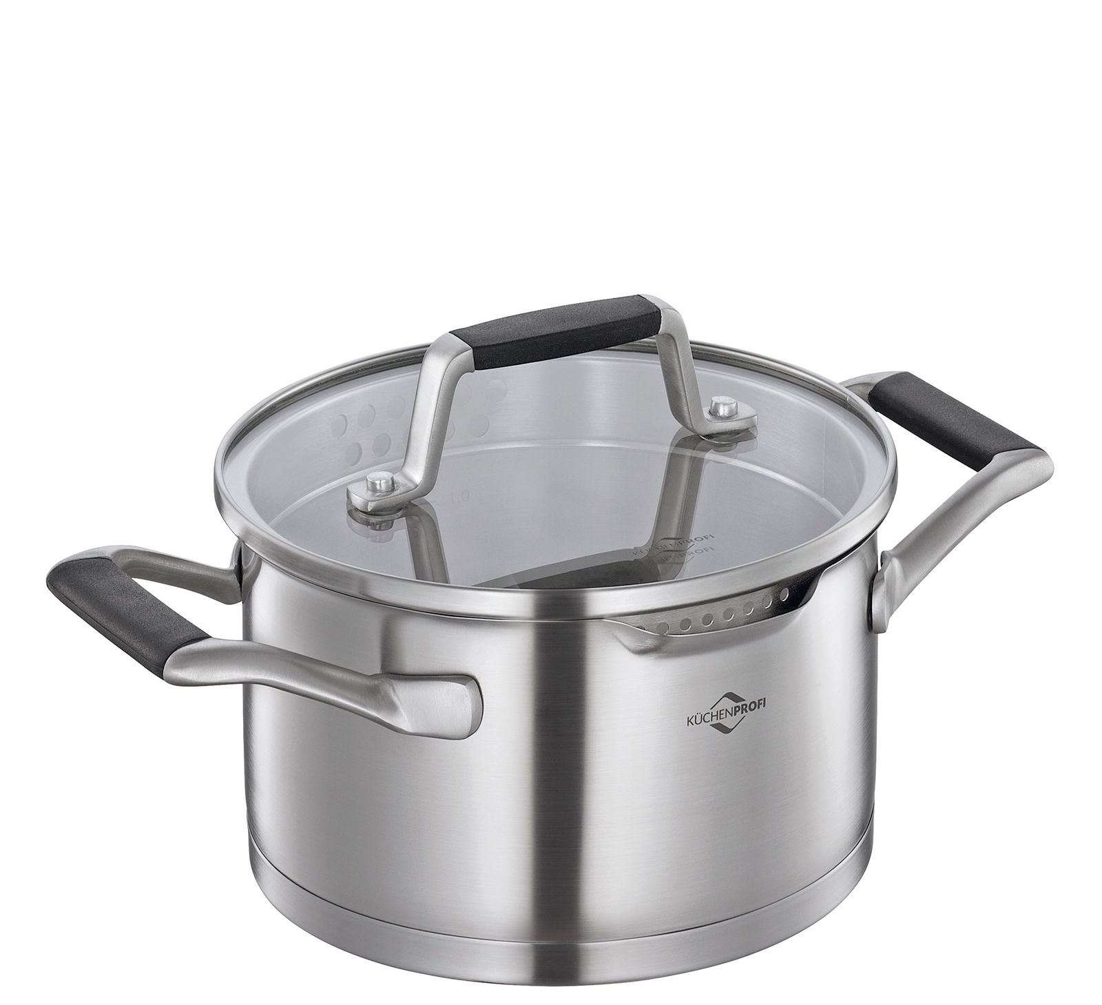 Topf aus Edelstahl mit Glasdeckel und schwarzen Griffen, seitliche Perspektive
