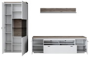 Modernes weißes Möbel-Set mit Holzoptik-Oberflächen: hoher Schrank und Lowboard mit offenen Türen und sichtbaren Fächern/Schubladen, frontal aus leicht seitlicher Perspektive vor weißem Hintergrund