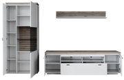 Moderne witte meubelset met oppervlakken in houtlook: hoge kast en lowboard met open deuren en zichtbare vakken/lades, vooraanzicht vanuit een licht zijdelingse hoek tegen een witte achtergrond