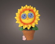 Schattig figuurtje op zonne-energie in de vorm van een zonnebloem met stralende ogen, afgebeeld in een bloempot, gezien van voren.