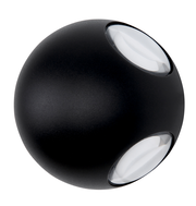Schwarze, kugelförmige LED-Außenwandleuchte mit zwei gegenüberliegenden Lichtaustritten, seitliche Perspektive