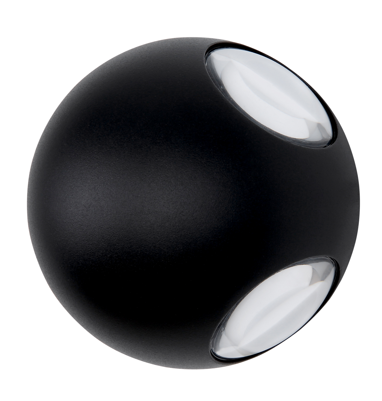 Schwarze, kugelförmige LED-Außenwandleuchte mit zwei gegenüberliegenden Lichtaustritten, seitliche Perspektive