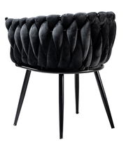 Rückansicht eines modernen Sessels mit schwarzem, geflochtenem Stoffbezug und schlanken Metallbeinen.