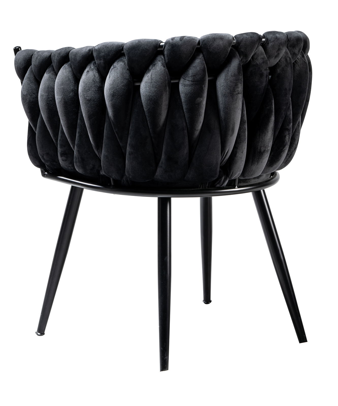 Rückansicht eines modernen Sessels mit schwarzem, geflochtenem Stoffbezug und schlanken Metallbeinen.