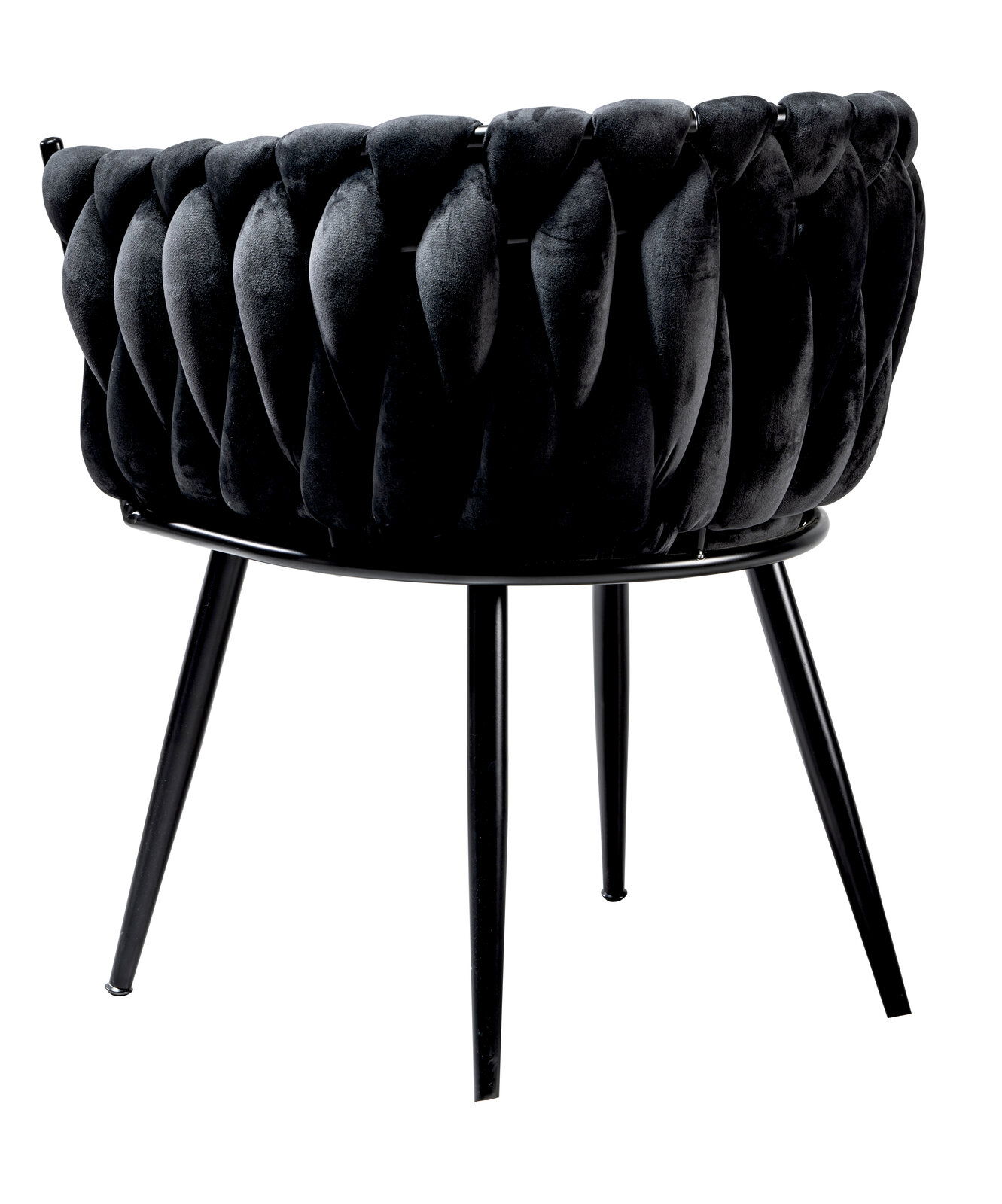 Rückansicht eines modernen Sessels mit schwarzem, geflochtenem Stoffbezug und schlanken Metallbeinen.