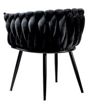 Rückansicht eines modernen Sessels mit schwarzem, geflochtenem Stoffbezug und schlanken Metallbeinen.