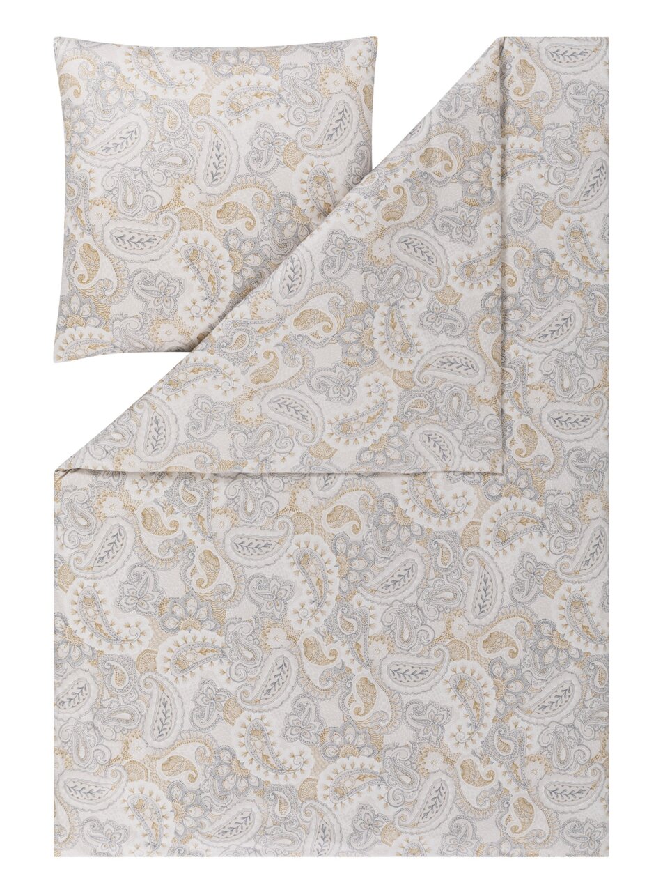 Estella Beddengoed 135 x 200 cm ELLA Bettwäsche-Set mit Paisley-Muster in Beige und Grau, bestehend aus einem Kissenbezug und einem Deckenbezug, aus der Vogelperspektive fotografiert.