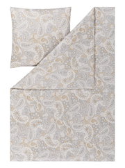 Bettwäsche-Set mit Paisley-Muster in Beige und Grau, bestehend aus einem Kissenbezug und einem Deckenbezug, aus der Vogelperspektive fotografiert.