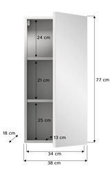 Weißer Spiegelschrank mit offener Tür, zeigt drei Fächer mit unterschiedlichen Höhen. Perspektive von vorne rechts.