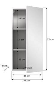 Weißer Spiegelschrank mit offener Tür, zeigt drei Fächer mit unterschiedlichen Höhen. Perspektive von vorne rechts.