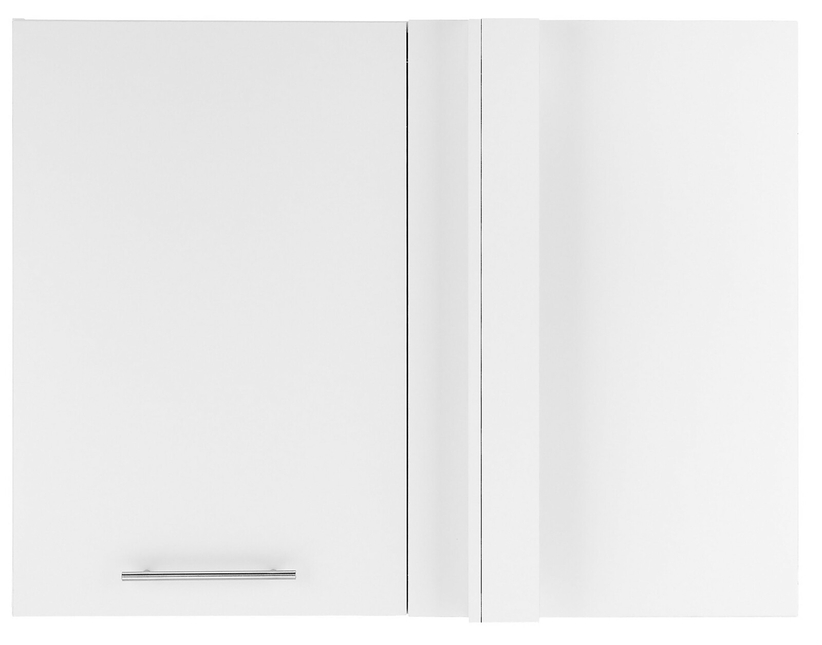 Weißer Aufsatz Eckschrank mit einer Tür und silbernem Griff, Frontalansicht