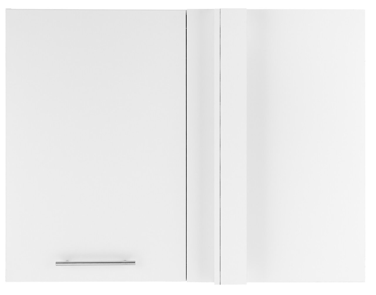 Weißer Aufsatz Eckschrank mit einer Tür und silbernem Griff, Frontalansicht