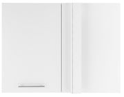 Weißer Aufsatz Eckschrank mit einer Tür und silbernem Griff, Frontalansicht