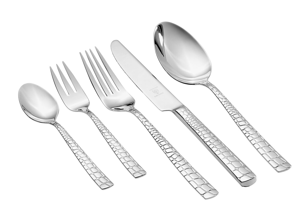 Besteckset Croco 30-tlg. mit Krokodilstruktur, bestehend aus Messer, Gabel, Löffel, Dessertgabel und Teelöffel, in schräger Draufsicht.