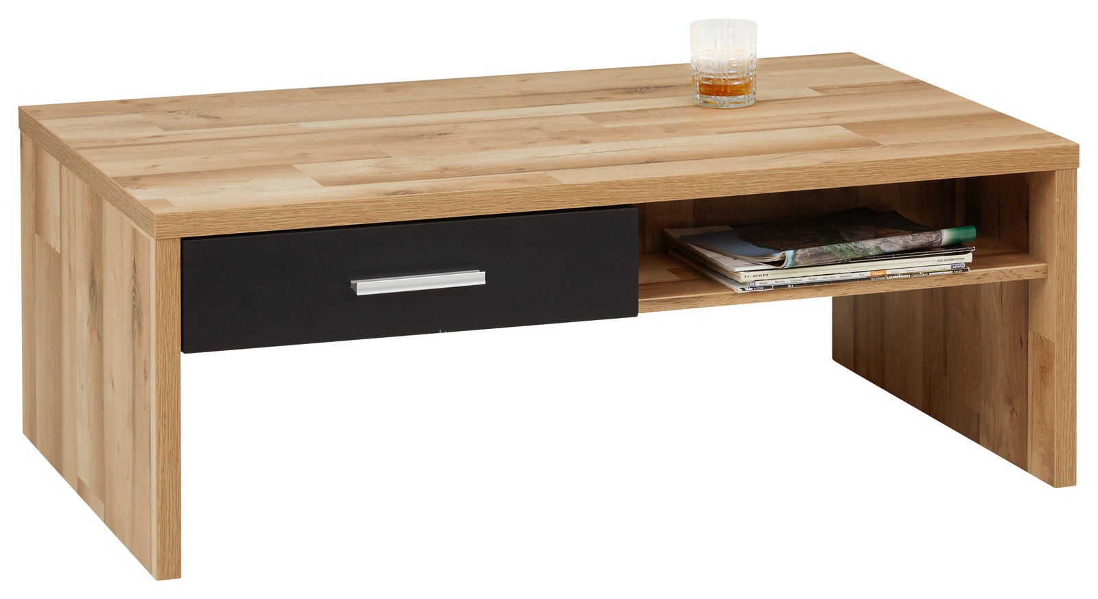 Moderner Couchtisch aus Holz mit einer schwarzen Schublade und einem offenen Fach, seitliche Perspektive.