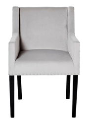 Grauer Polsterstuhl mit Armlehnen und schwarzen Beinen, Vorderansicht