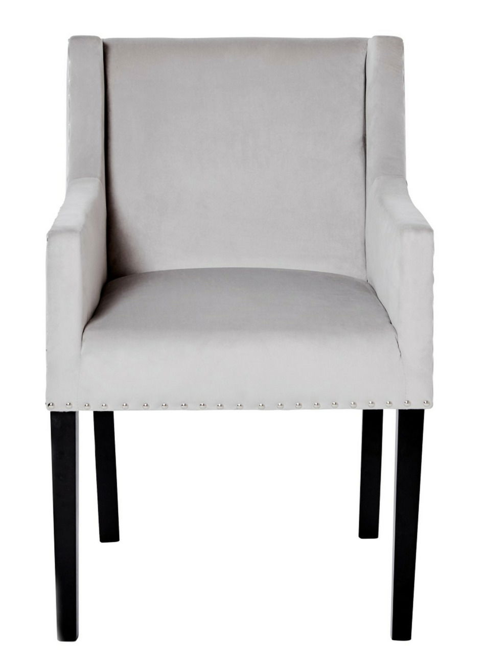Grauer Polsterstuhl mit Armlehnen und schwarzen Beinen, Vorderansicht