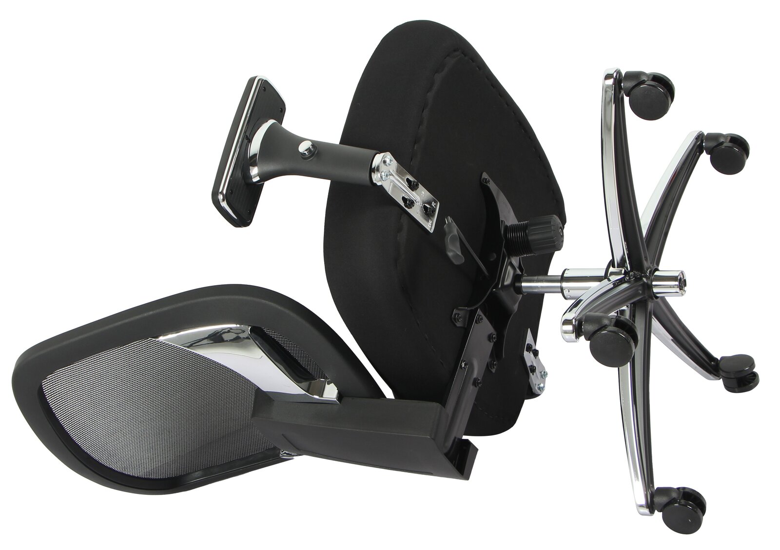 Chefsessel in Einzelteilen, seitliche Perspektive mit Fokus auf Rollen und Armlehne