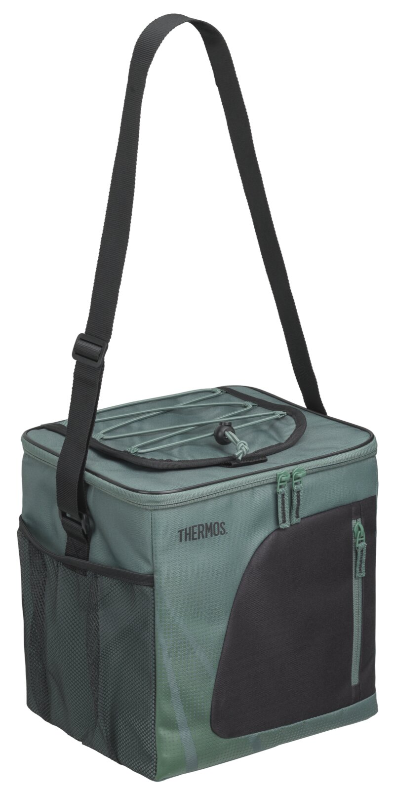 Grün-schwarze THERMOS Kühltasche mit verstellbarem Schultergurt, Reißverschlussfächern, elastischer Deckelhalterung und seitlicher Netztasche, aus schräger Vorderansicht