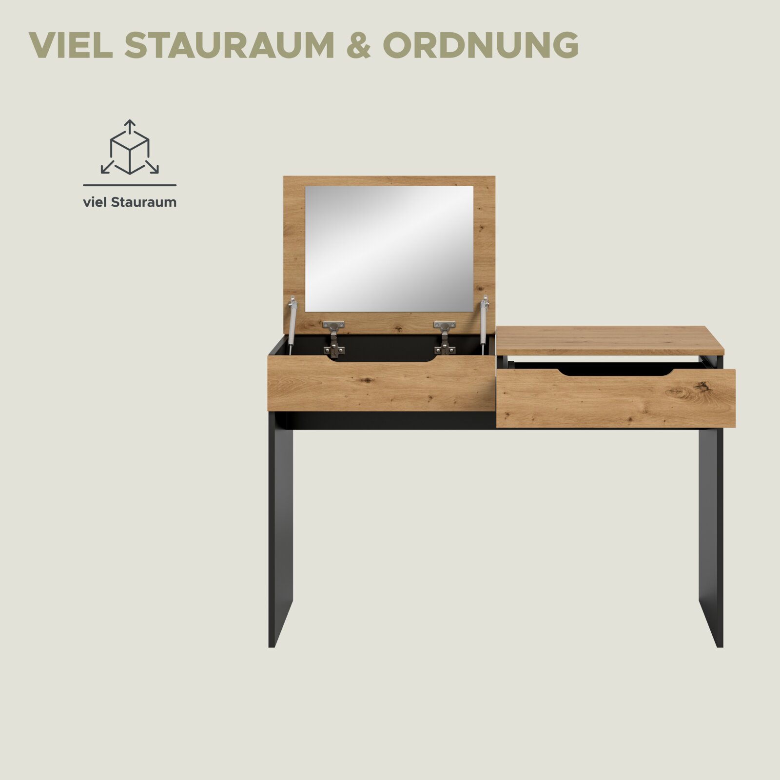 Schminktisch aus Holzoptik mit schwarzem Metallgestell, aufklappbarem Spiegel und viel Stauraum, Schublade und Ablage ausgezogen, frontale Ansicht