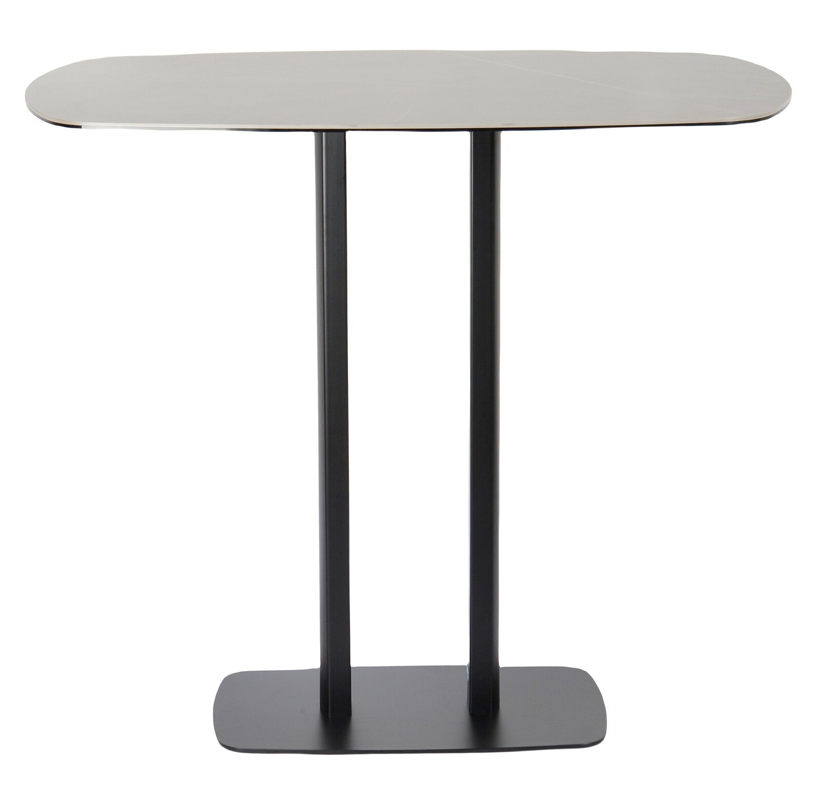 Moderner Bartisch mit ovaler Tischplatte und zwei schwarzen Metallbeinen, Frontalansicht.