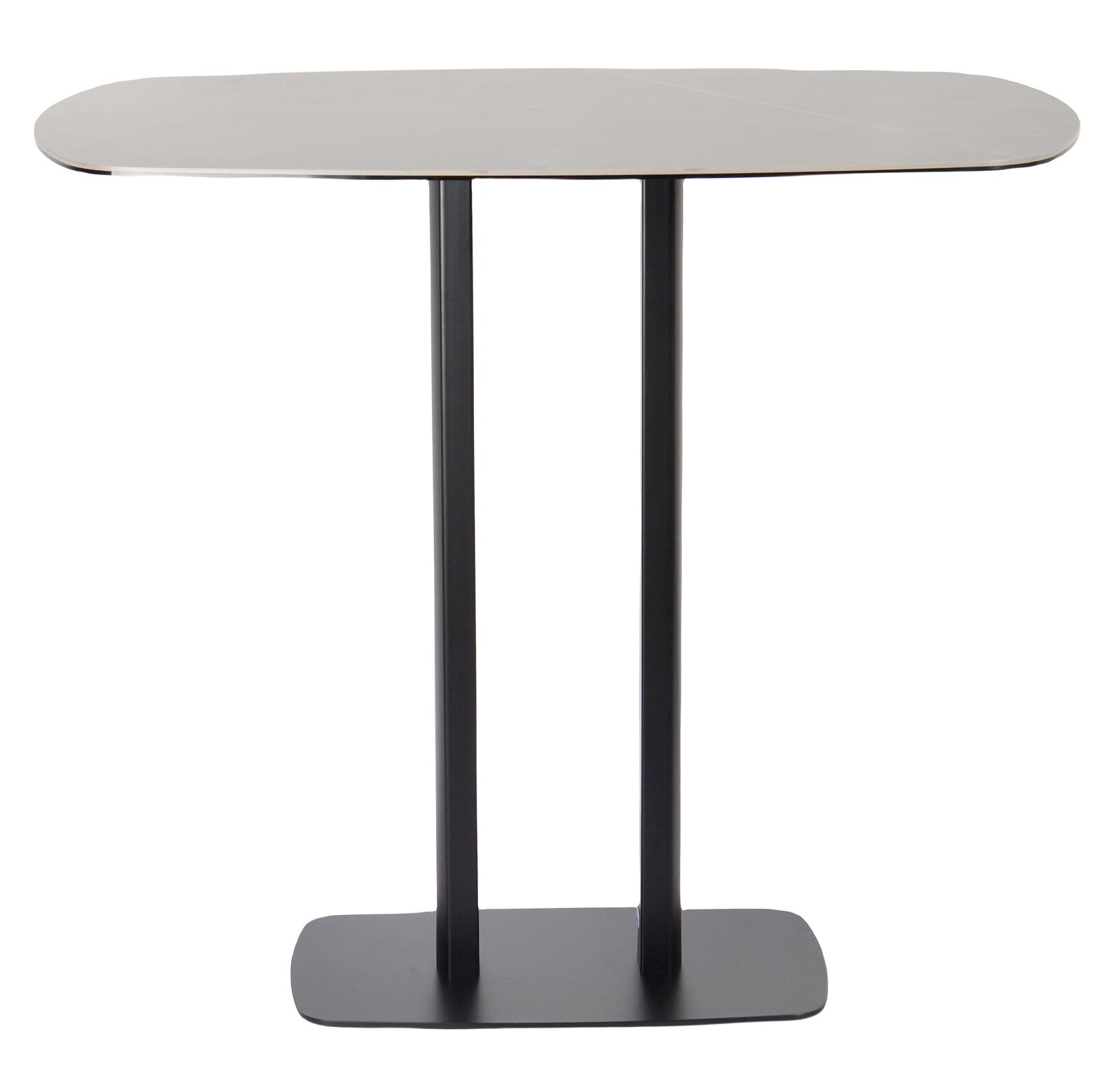 Moderner Bartisch mit ovaler Tischplatte und zwei schwarzen Metallbeinen, Frontalansicht.