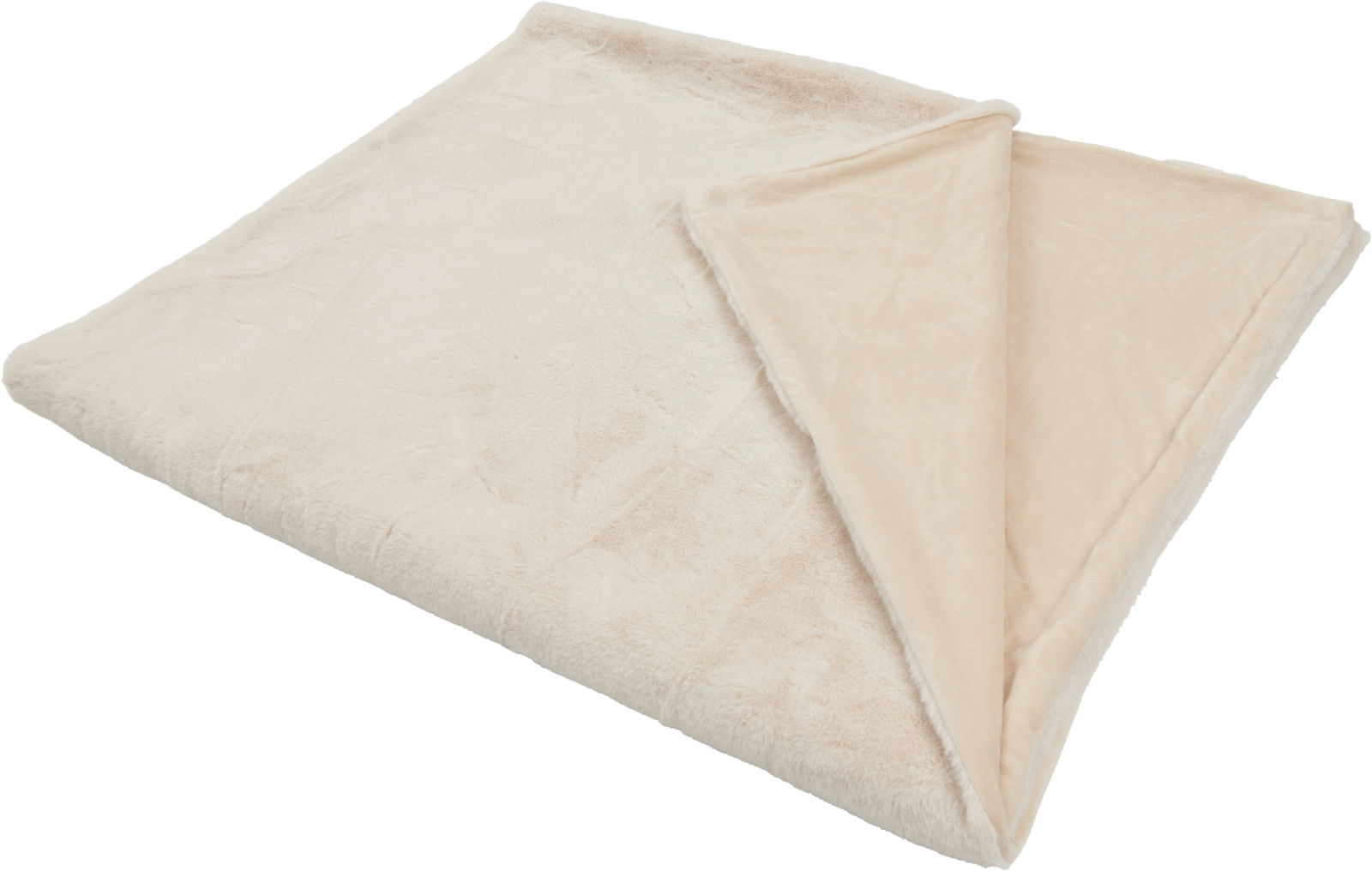 Weiche, cremefarbene Decke aus Plüschmaterial, teilweise umgeschlagen, in einer schrägen Draufsicht.