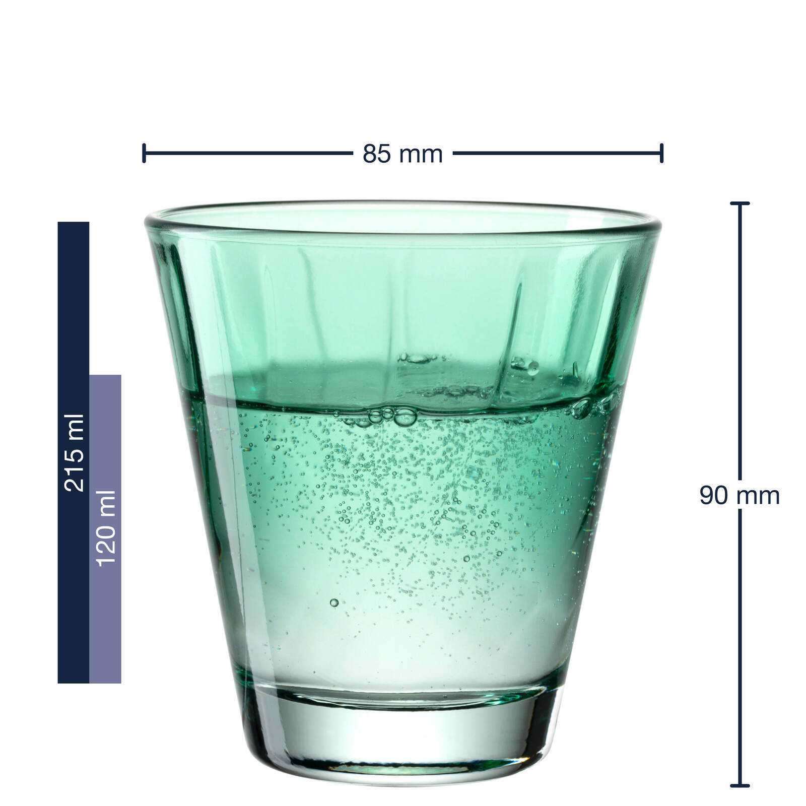 Grünes Trinkglas Twist 220ml, seitliche Ansicht mit Maßangaben