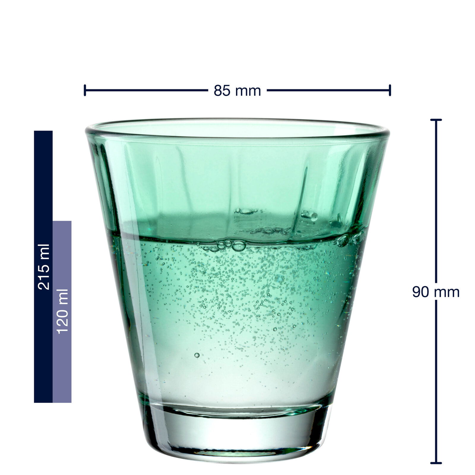 Grünes Trinkglas Twist 220ml, seitliche Ansicht mit Maßangaben